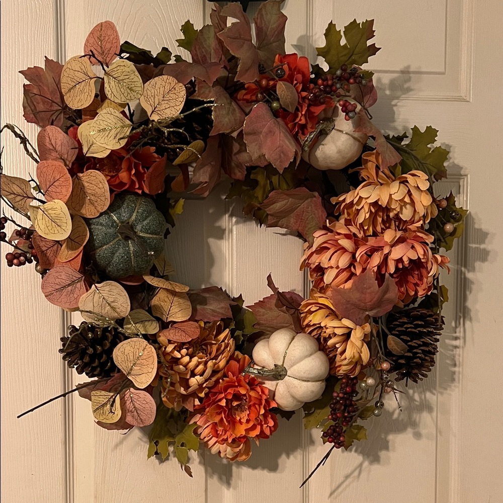 Autumn Harvest Wreath with Pumpkins and Pinecones